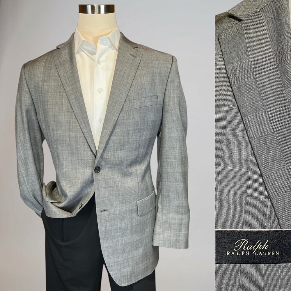 New Ralph Lauren RRL 44L Gray Ice Blue Glen Plaid Blazer Jacket Black Label